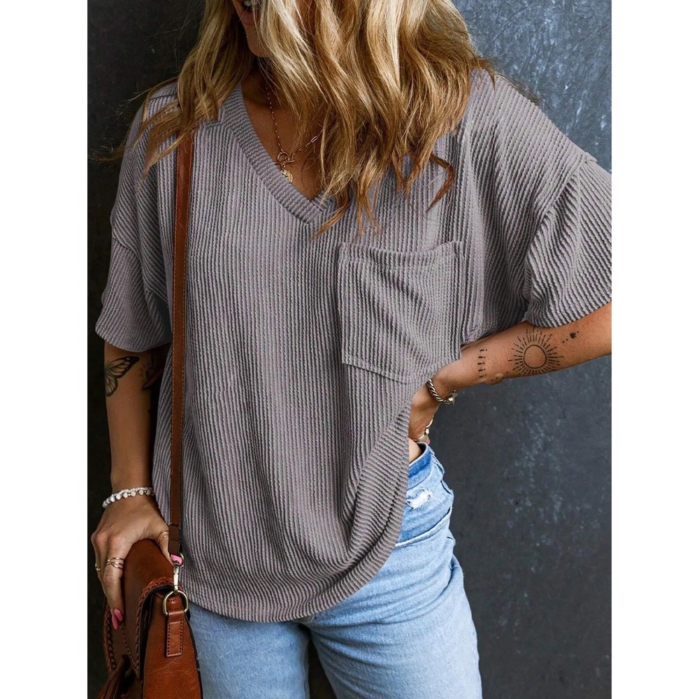 Cupshe Women Taupe Ribbed Knit V-Neck Pocket Tee Oversized Short Sleeve Top
